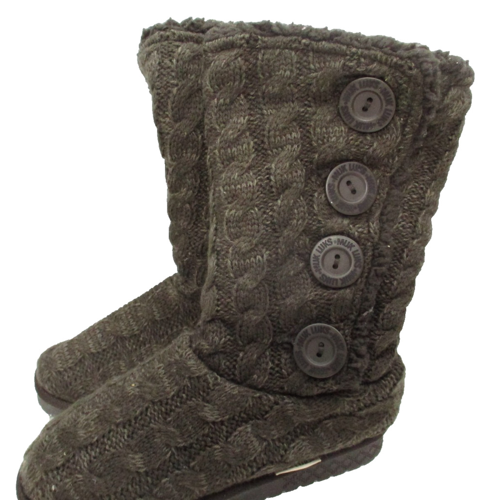 Muk Luks Faux Fur Lined Side Button Knit Boots Brown Cozy Womens Sz 6